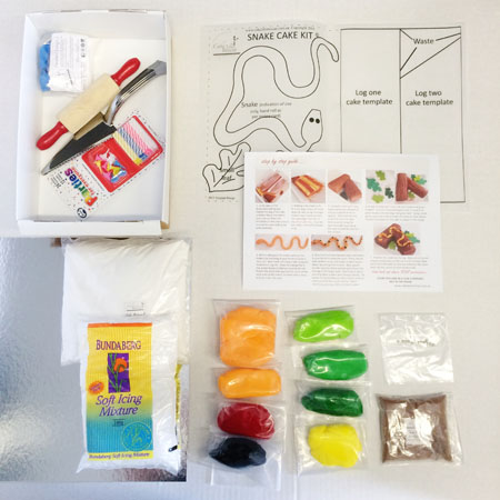 Snake reptile cake kit contents from Cake 2 The Rescue