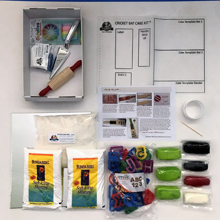 Contents of DIY cricket bat cake kit from Cake 2 The Rescue