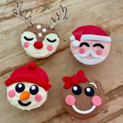 santa-reindeer-gingerbread-girl-snowman-cupcakes